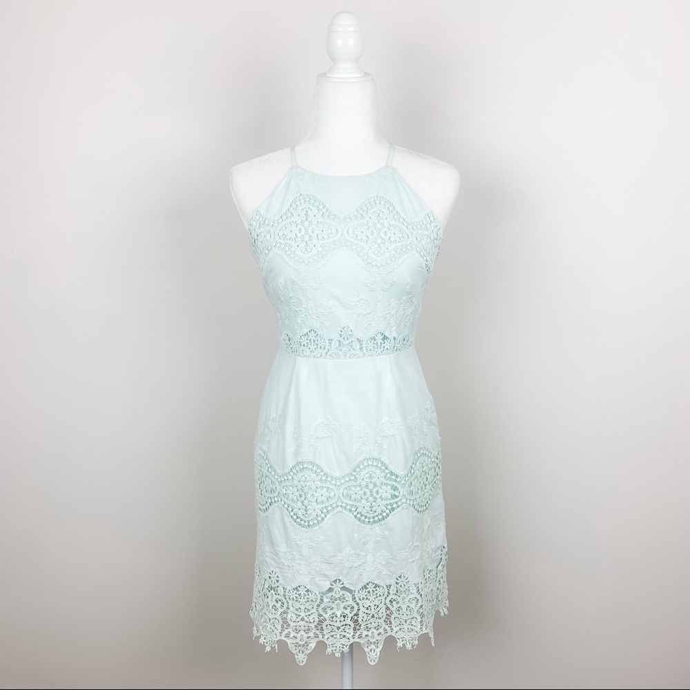 Altar’d State Mint Blue Size Extra Small Open Back Floral Crochet Appliqué Dress